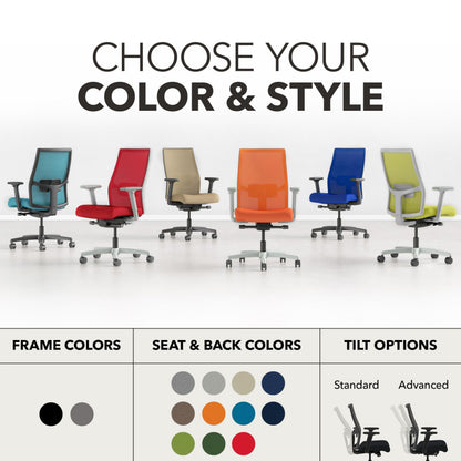 HON Ignition 2.0 Ergonomic Mesh Office Chair, Mid-Back, Synchro-Tilt, Home Office Desk Chairs, Basalt Seat Fabric, Fog Mesh, White Frame, Titanium Grey Adjustable Lumbar