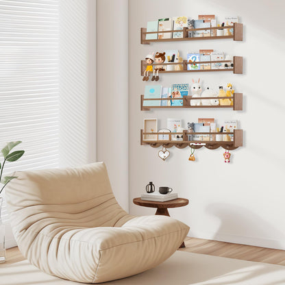 Dixryaus 34Inch Nursery Book Shelves Wall Mounted, Floating Book Shelf for Kids Coat Rack with 6 Hooks, Wall Hanging Shelf for Baby Nursery Room Organizer ，Patent Number:US-D1058229-S(4, Light Brown)