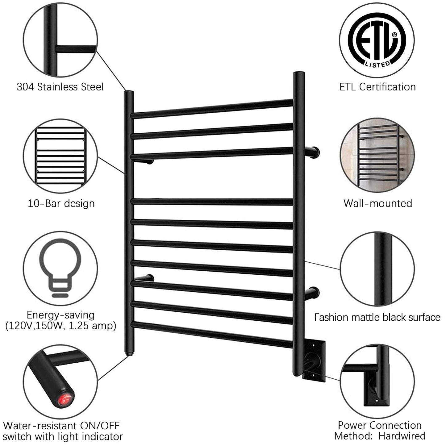 HEATGENE Towel Warmer Wall-Mounted Hardwired Heated Towel Rack Hot Towel Bar Brushed