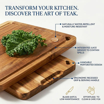 Zoutley 3-Piece Teak Wood Cutting Board for Kitchen, Knife-Friendly Chopping Boards with Juice Grooves & Storage Stand, Heavy Duty Wooden Boards for Meat, Fruit & Cheese, Ideal Housewarming Gift
