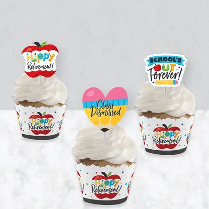 Big Dot of Happiness Teacher Retirement - Cupcake Decoration - Happy Retirement Party Cupcake Wrappers and Treat Picks Kit - Set of 24