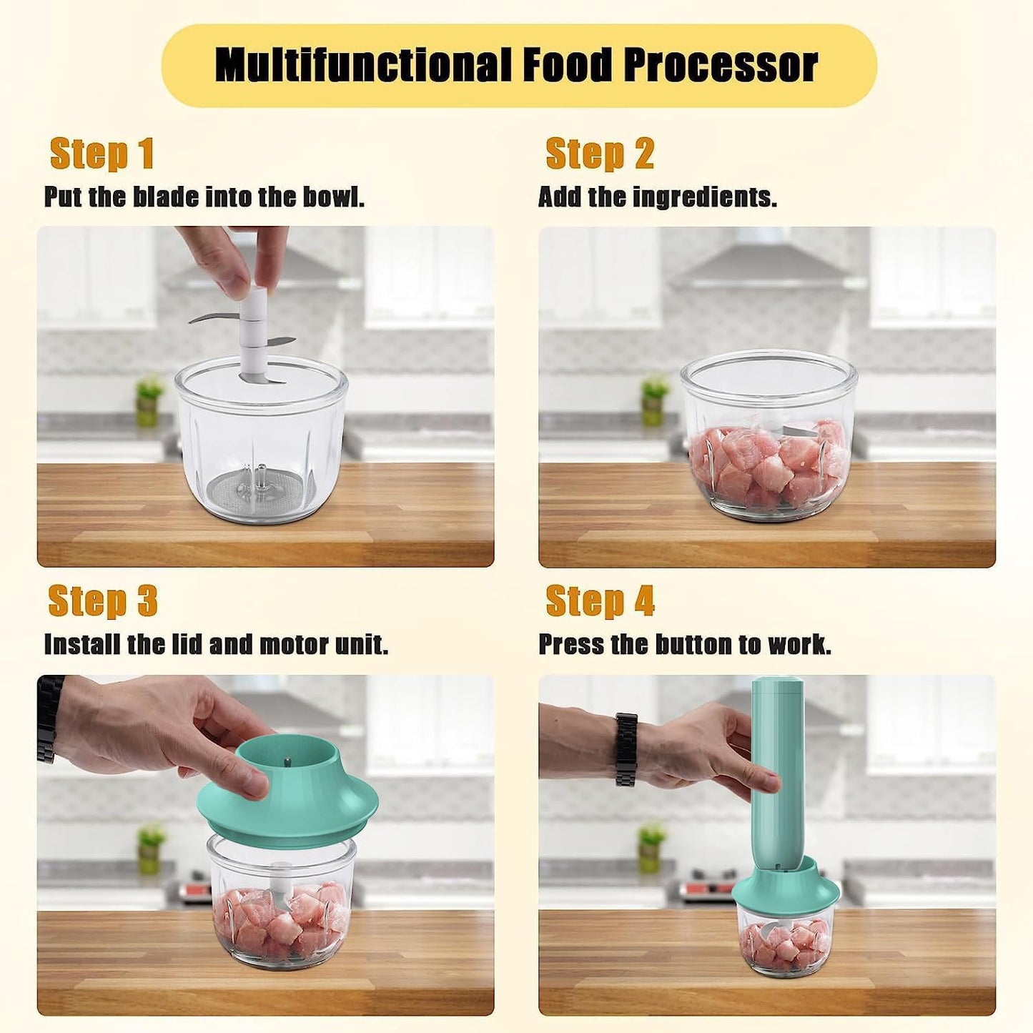 4-in-1 Electric Hand Mixer, Electric Whisk, Mini Onion Chopper 10Oz, Small Cordless Hand Blender, Milk Frother Wand for Coffee, Matcha, 4 Speed Rechargeable Food Processor for Baby Food Maker