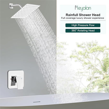 Heyalan Shower Faucet Set with Valve, Bathroom Rainfall Shower System, Wall Mount Single Handle Shower Trim Kit, Rainfall Fixed Shower Head, 8 Inch Square Shower Head,Polished Chrome