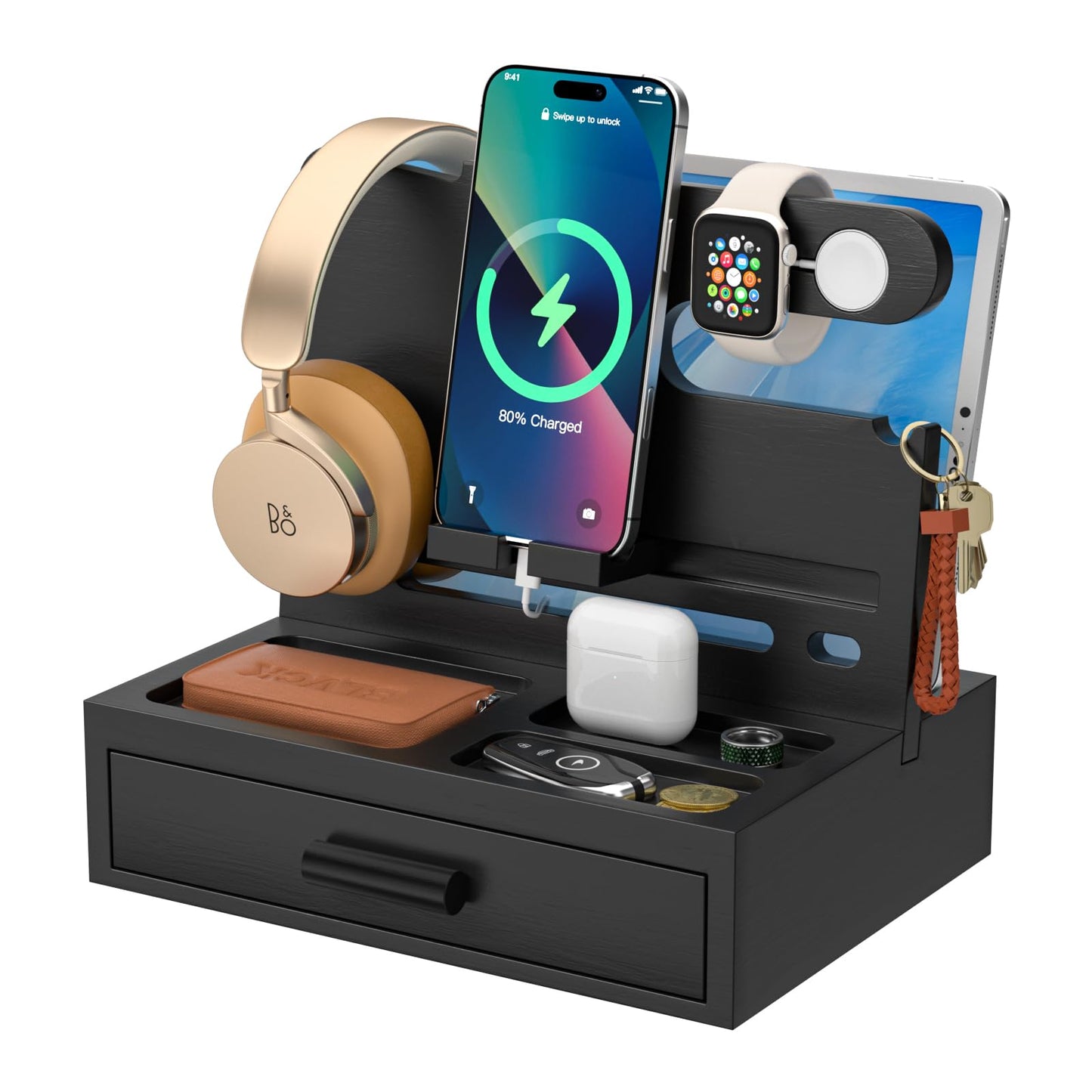 Sephyroth Bamboo Phone Docking Station Nightstand Organizer Cell Phone Stand Gifts for Men, Dad Gifts for Boyfriend, Husband with Drawer Storage (Black)