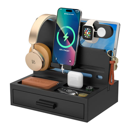 Sephyroth Bamboo Phone Docking Station Nightstand Organizer Cell Phone Stand Gifts for Men, Dad Gifts for Boyfriend, Husband with Drawer Storage (Black)