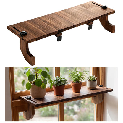 BrightRow 1 Pcs Brown Window Sill Plant Shelf for Plants 21.7 x 7.1 x 5.9 Inch Windowsill Extender Window Plant Floating Shelves No Drilling Wooden Bracket for Cat Perch Planters (Right Angle)