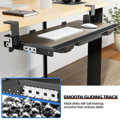 OUKMIC Large Height Adjustable Keyboard Tray with Sturdy C-Clamp Mount and Storage Drawer, 27"(31"Including Clamps) x 12" Slide Out Ergonomic Keyboard Trays for Home and Office, Black