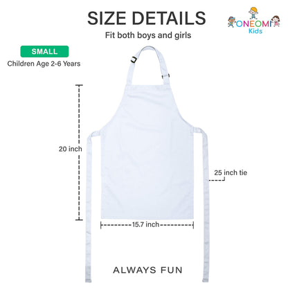 ONEOMI Kids Apron, Small, 100% Cotton with an Adjustable Strap to fit All Ages, Ideal for Cooking, Baking, Painting, Decorating, Party, Chef, Art and Classroom Children Apron (2, White)