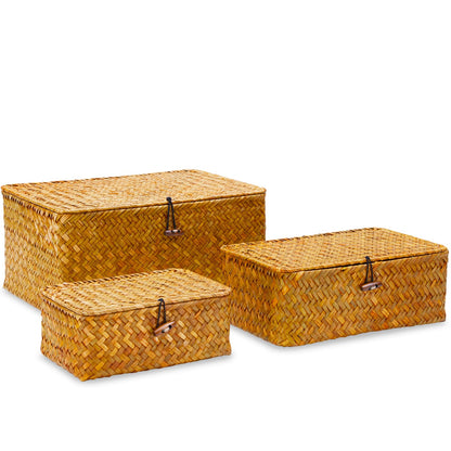 EugroVanth Wicker Storage Box with Lid, Handwoven Baskets for Storage, Rectangle Decorative Baskets Bins Container for Shelf Organizing Home, Set of 3, Natural