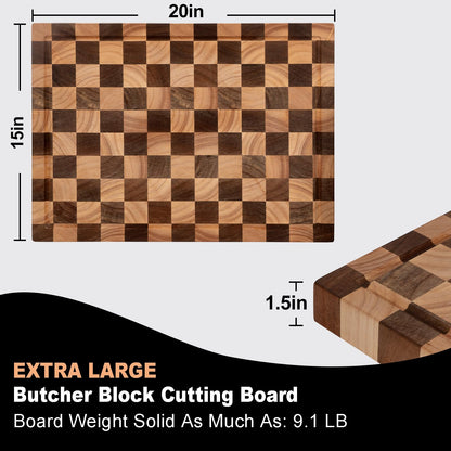 Cookaholic Acacia Wood Cutting Board, 20x15x1.5 Inch, Butcher Block for Kitchen, Premium Acacia Cutting Board with Juice Groove, End Grain Construction from Sustainable Acacia Wood