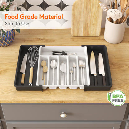 Lifewit Silverware Drawer Organizer, Expandable Utensil Tray for Kitchen, BPA Free Flatware and Cutlery Holder, Adjustable Plastic Storage for Spoons Forks Knives, 8.5"-14.1" x 12.1", Black