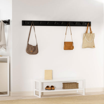 SKOLOO Wood Coat Rack Wall Mounted,10 Peg Long Bamboo Hook for Hanging Backpack Coat Towel Hat,16'' Hole to Hole,Black