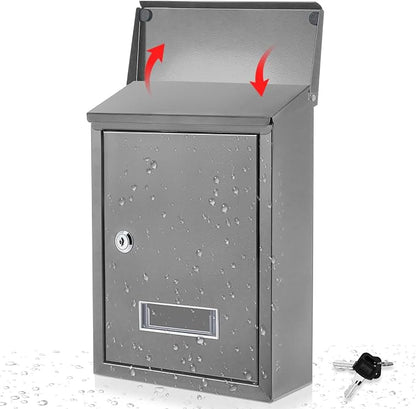 Amylove Weatherproof Mail Boxes with Key Lock, Security Locking Wall Mount Metal Mailbox with Slot for Outside, Large Capacity for Mail, Packages, Donations, Voting 11. 8" h x 8. 3" l x 2. 8" w, Gray