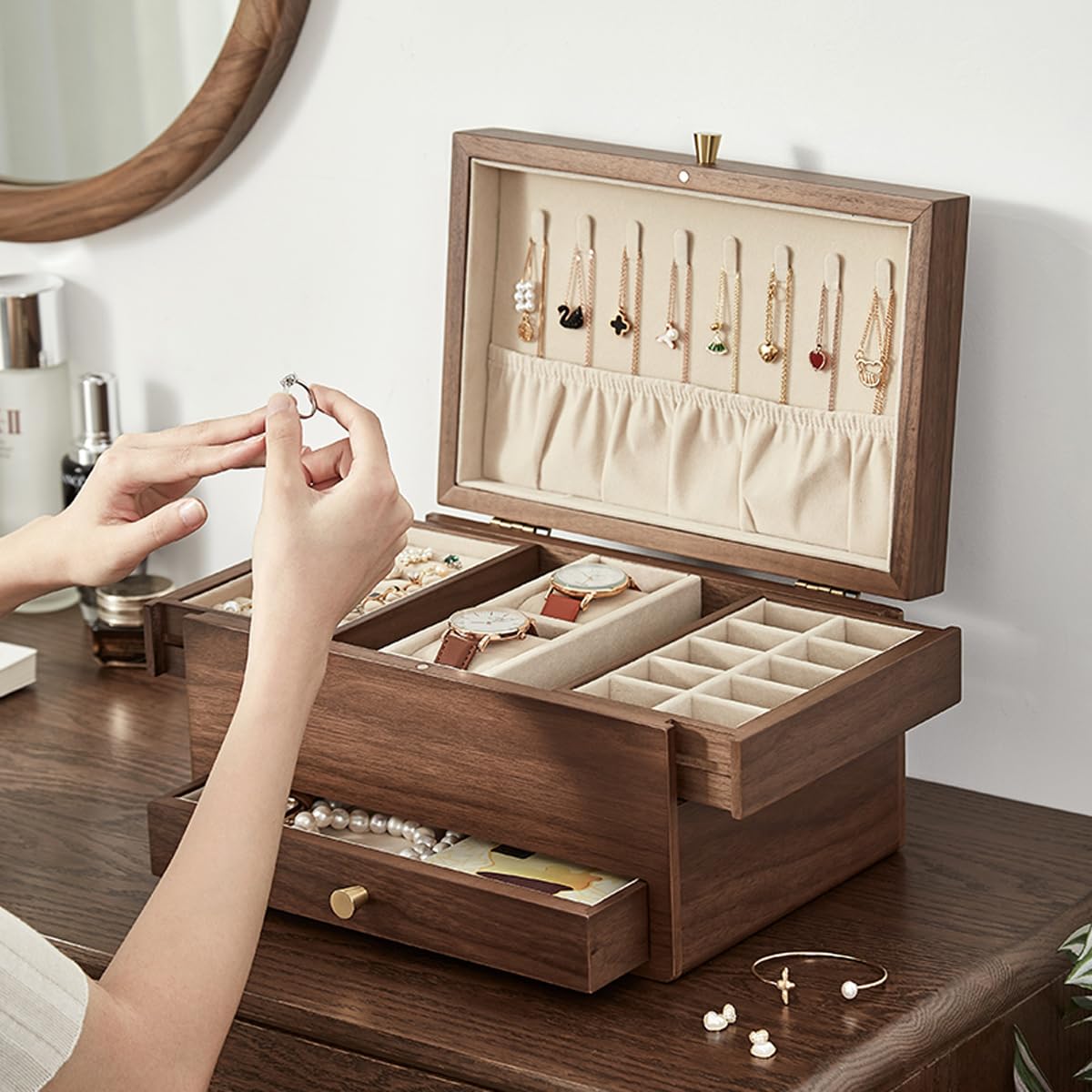 CHOSIN Black Walnut Wooden Jewelry Box for Women, 3 Level Multi-functional Drawer Organizer Box Watch Necklace Ring Earring Storage, Ideal Gift for Her, Fathers Day Gif