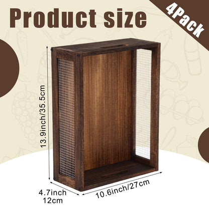 4 Pcs Wooden Countertop Baskets for Kitchen Bathroom, Easy Self-assembly Rustic Nesting Boxes with Handle and Wire Mesh, Multipurpose Wooden Crates for Fruit, Include Screws (Medium,Burnt Wood Finish)