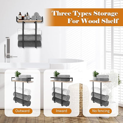 Xstydes Towel Racks for Bathroom Wall Mounted, Metal Towel Holder with Wooden Shelf for Folding Large Towels, Towel Storage for Small Bathroom Organizer Decor or RV Camping
