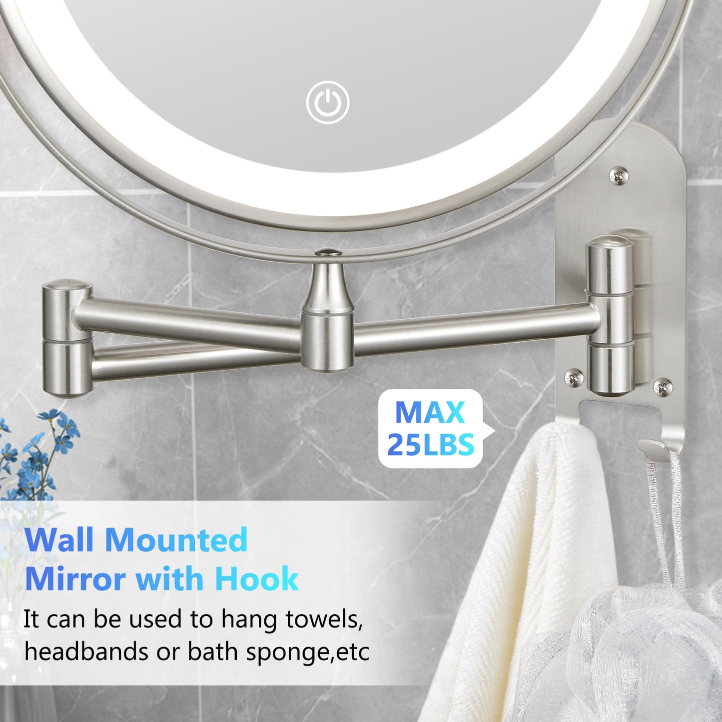 ALHAKIN 9" Wall Mounted Lighted Makeup Mirror, Large Rechargeable 1X/10X Magnifying Mirror with 3 Color Lights Dimmable, 360° Rotation, Nickel