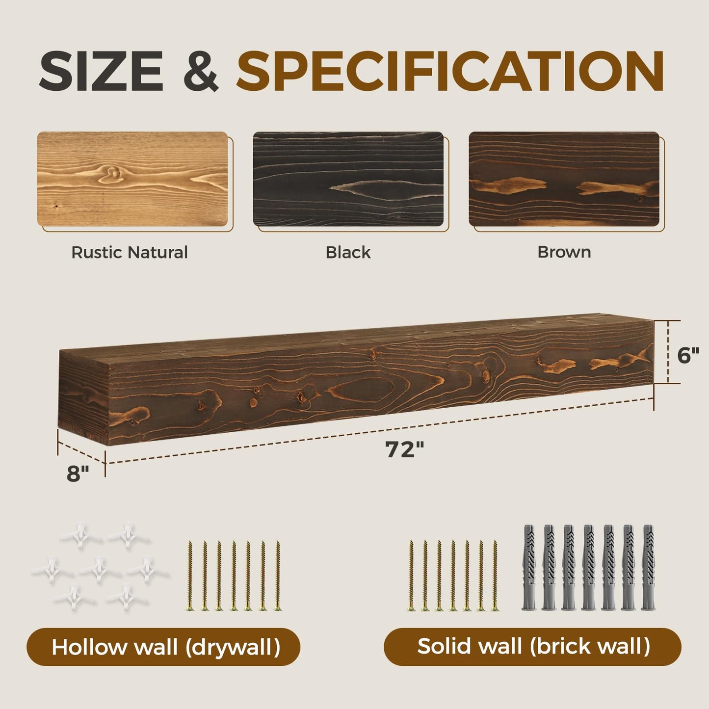 YLYHSST Fireplace Mantel Handmade, 6'' Thick Wall Decor Long Floating Shelf, 72inch Rustic Wood Shelf with Invisible Brackets, Brown
