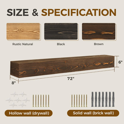 YLYHSST Fireplace Mantel Handmade, 6'' Thick Wall Decor Long Floating Shelf, 72inch Rustic Wood Shelf with Invisible Brackets, Brown