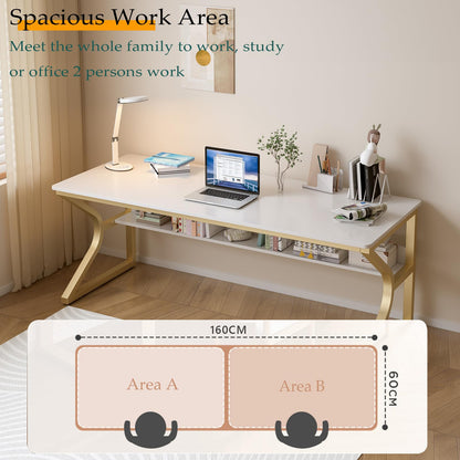 OSCHF Extra Long Desk with Bookshelf - 63" Double Long Writing Table for 2-Person Workstation, Modern Study Work Computer Desk for Home and Office, Gold