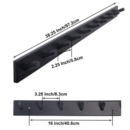 SKOLOO Wood Coat Rack Wall Mounted,10 Peg Long Bamboo Hook for Hanging Backpack Coat Towel Hat,16'' Hole to Hole,Black