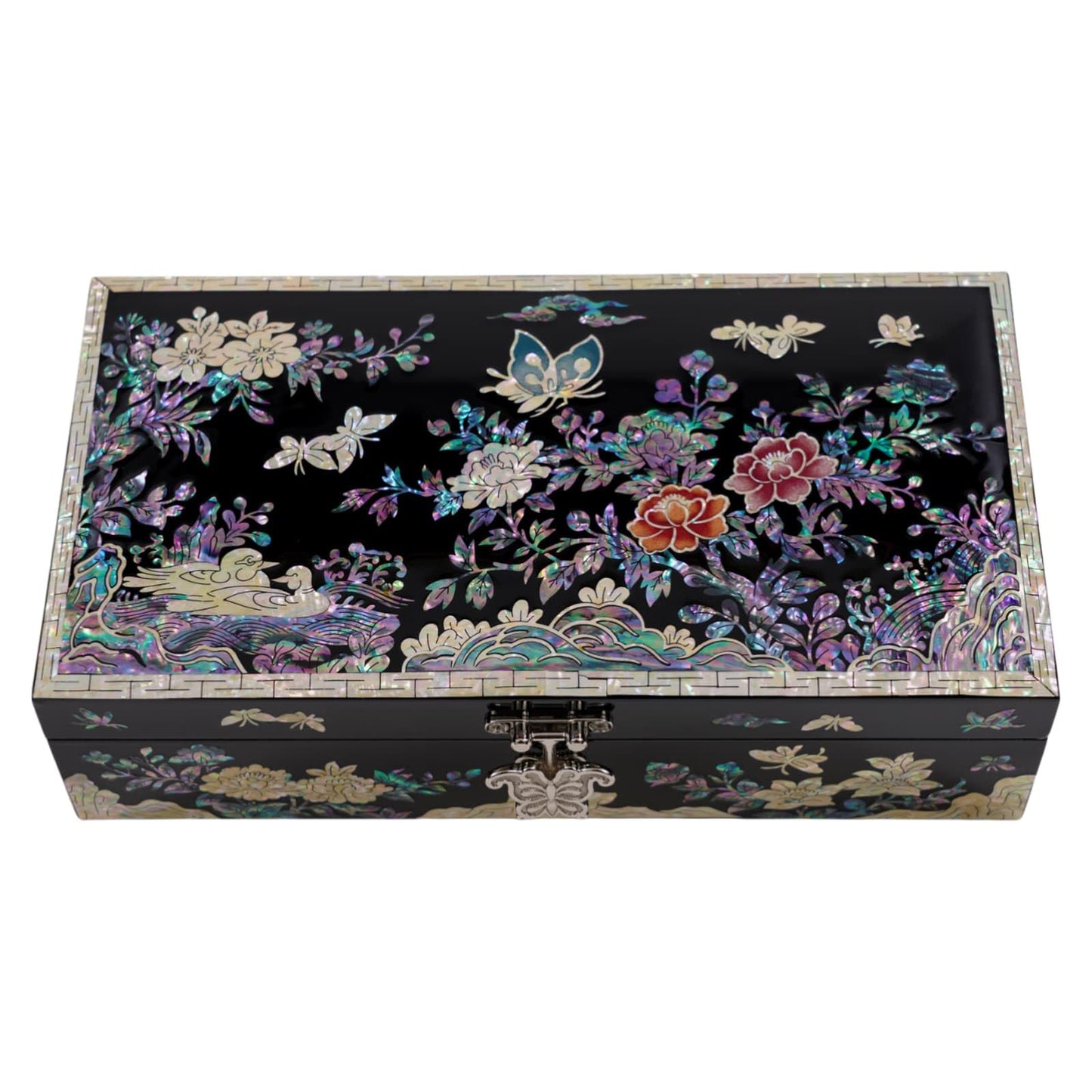February Mountain Mother of Pearl Jewelry Organizer box - Handmade Large Wooden Box Romantic Anniversary Birthday Gifts for women (Butterflies in Peony Garden)