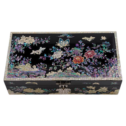 February Mountain Mother of Pearl Jewelry Organizer box - Handmade Large Wooden Box Romantic Anniversary Birthday Gifts for women (Butterflies in Peony Garden)