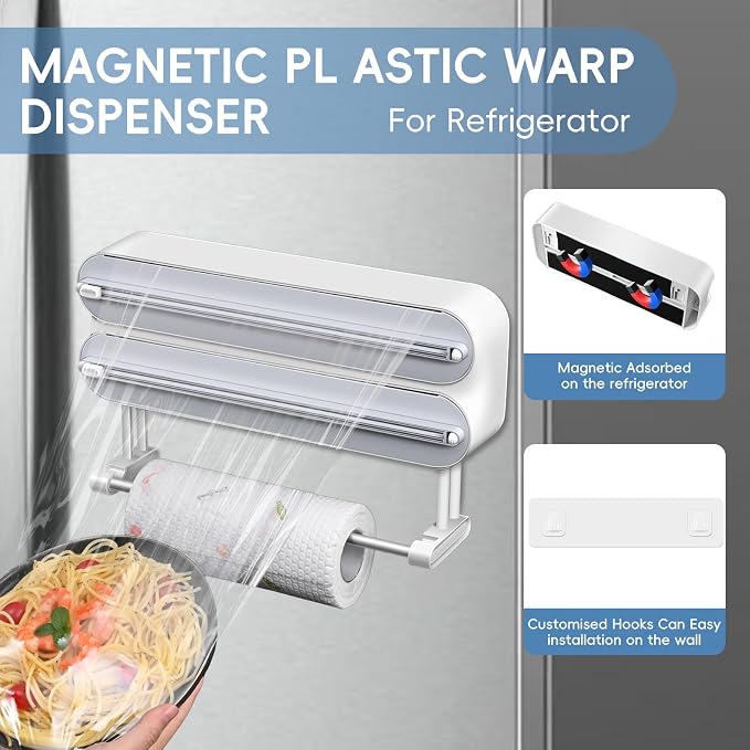 Magnetic Plastic Wrap Dispenser with Cutter,3 in 1 Aluminum Foil and Plastic wrap Organizer with Paper,Wall Mount Kitchen Wrap Dispenser - Fits 12" Roll, White (Wooden)