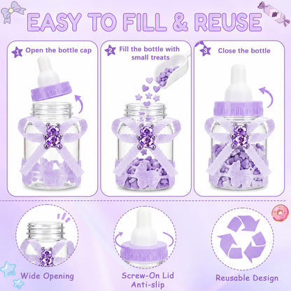 MACTING 2 Dozens 3.5 Inch Feeding Bottle Candy Box with 5Pcs Artificial Flower Rose for Baby Shower Favor Gift Decoration (Purple)