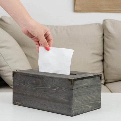 Liry Products Rustic Gray Distressed Wood Facial Tissue Paper Box Metal Corner Brackets Hinge Lid Top Cover Torched Wooden Holder Standard Size Rectangular Napkin Dispenser Bathroom Kitchen Bedroom