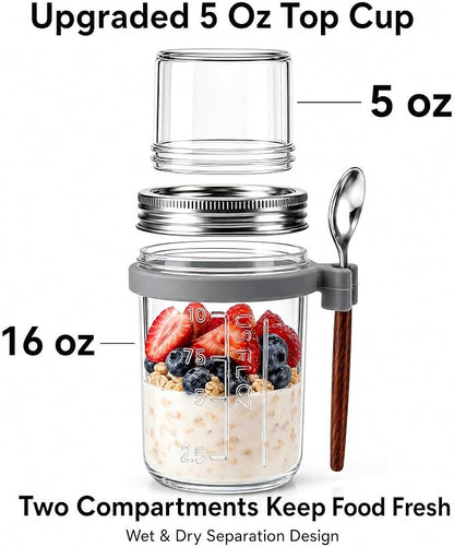 4 Pack Overnight Oats Containers With Lids And Spoons, (16Oz+5Oz) Glass Mason Jars With Dry And Wet Separation For Cereal Nut Fruit Salad Chia Pudding Yogurt, Meal Prep Jars