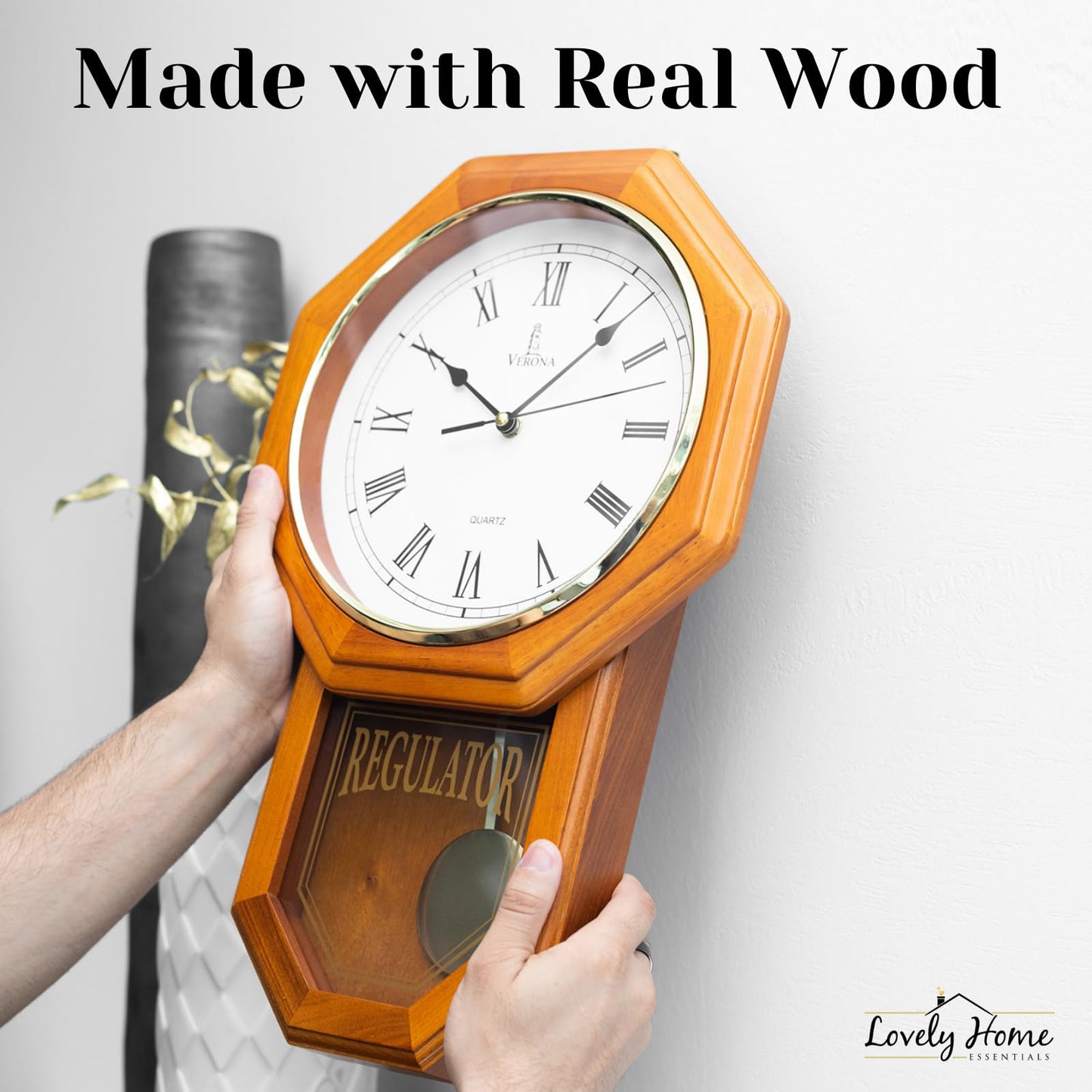 Pendulum Wall Clock Battery Operated - Real Wood Regulator Clock - Schoolhouse Design with Pendulum - Quiet, Non-Chiming - Wooden Wall Decor for Living Room Decor, Home, Office and Gift 18x11
