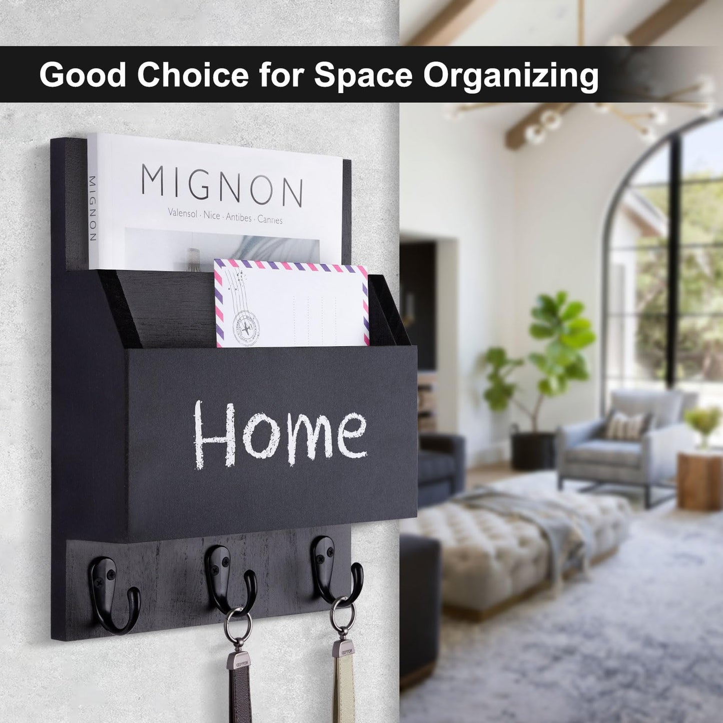 Lucundm Key and Mail Holder for Wall Mount, Entryway Mail Holder with 2 Slot, Key Holder with 3 Sturdy Hooks for Coat, Dog Leash, Decorative Key Rack (8.86”W x 11.42”H x 3”D) (Black)