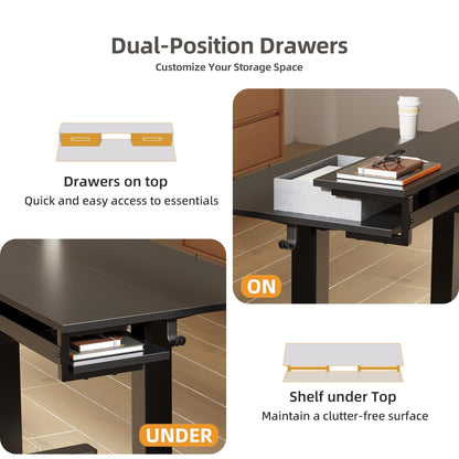 Claiks 48 Inch Electric Standing Desk with 2 Drawers, Adjustable Height Computer Table with Monitor Shelf, Scratch-Resistant Particleboard Desk with Hooks, Black