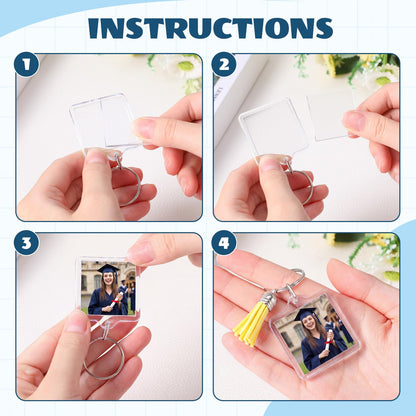 Yaomiao 120 Set Acrylic Photo Keychain with Tassel Clear Blank Custom Keychain Frame Holder Insert Picture Keyring Making Kit (Square)