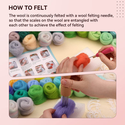 JUPEAN 96Pcs Needle Felting Wool 10.4 oz Wool Roving Yarn Needle Felting Kit with 4-Layer Transparent Storage Box for DIY Hand Spinning and Creations, 3g/Color