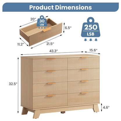 DUMOS Fluted 8 Drawer Dresser for Bedroom, 43.3" Wide Modern Chest of Drawers with Gold Metal Handles, Wooden Dresser TV Stand, Storage Organizer Unit for Living Room, Hallway, Natural Oak