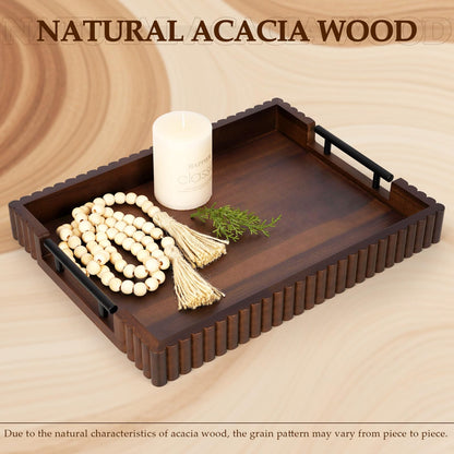 Cathyeen Acacia Wood Decorative Serving Tray with Handles, 16.7" x 12.8" Large Wooden Ottoman Tray for Living Room, Coffee Table Tray Decor for Food, Dinner, Tea or Breakfast in Bed (Walnut)