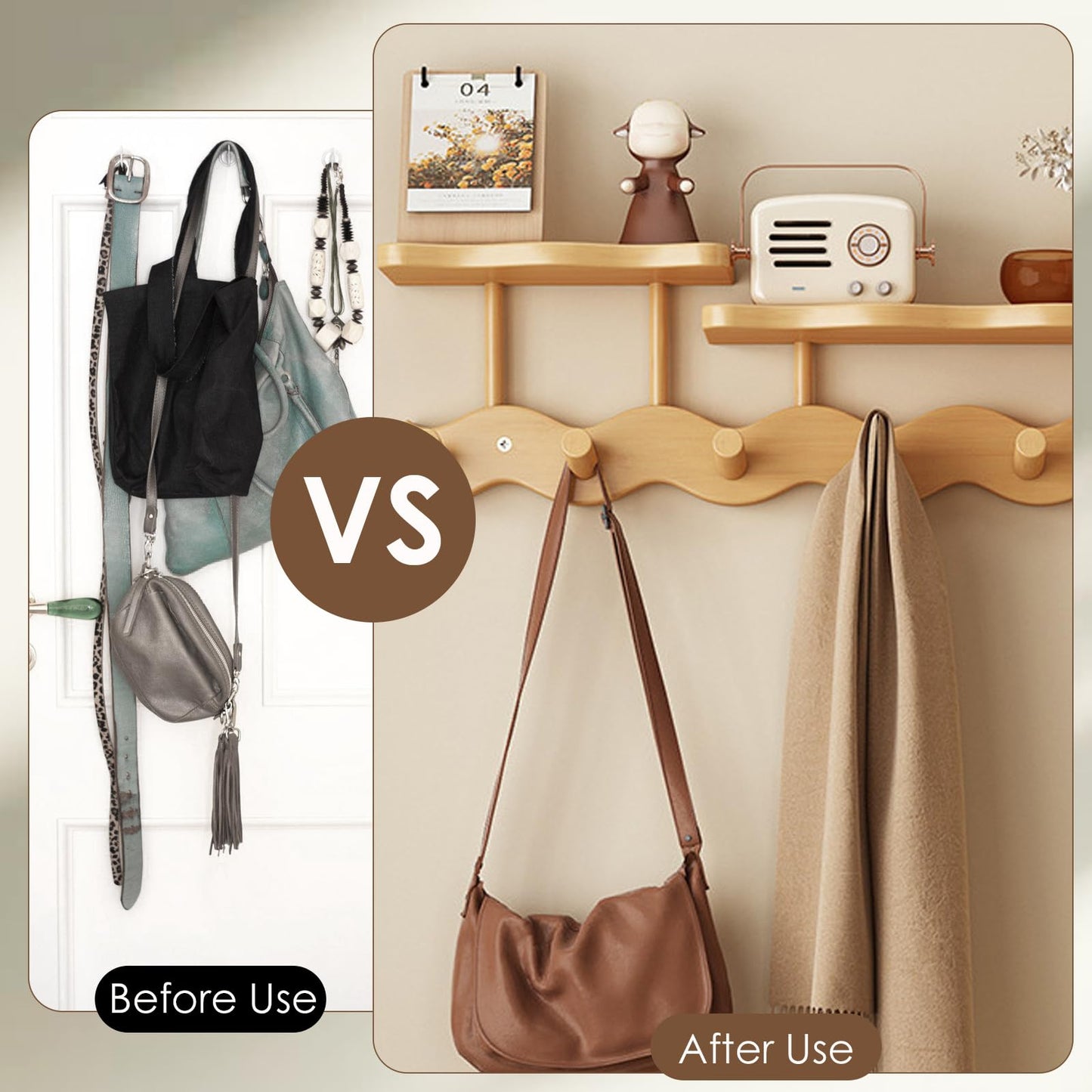 Wall-Mounted Coat Rack with Shelf, Wooden Coat Hanger with 6 Sturdy Hooks, Drill-Mounted Design for Hanging Clothes, Hats, Towels, Bags, and Robes (Natural Color)