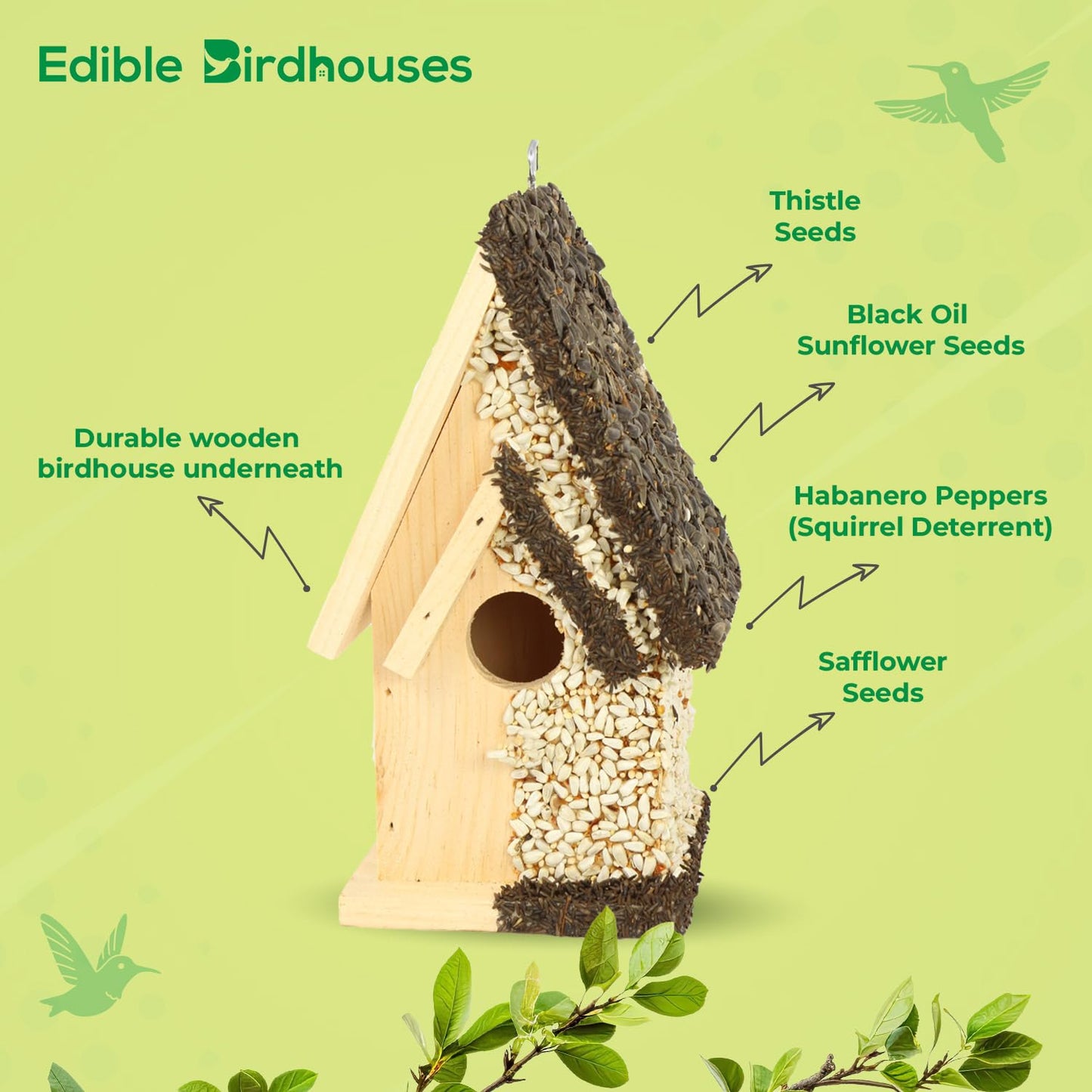 Edible Birdhouse - Birdseed Bird Feeder, Wooden Birds House Covered in Wild Bird Food, Squirrel Resistant Birds Feeders for Outside Hanging, Watching Gift for Garden Lovers, (TD)