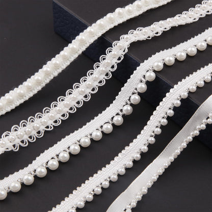 HLTOO 5 Yards Pearls Lace Ribbon Trim, White Beaded Fringe Trim Applique, for Sewing Clothing, Curtains, Wedding Decoration, Bridal Dress, Belt, Headwear, 5 Styles