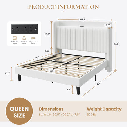 SHA CERLIN Queen Size Velvet Bed Frame with USB Charging Station, Wingback Storage Headboard, Upholstered Platform Bed with Wooden Slats Support, No Box Spring Needed, Easy Assembly, White