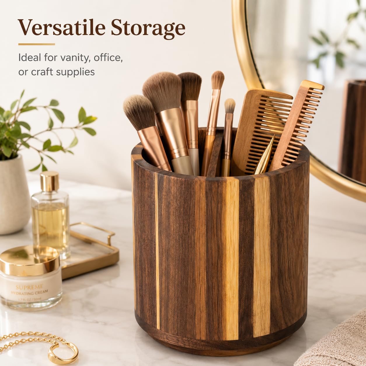 7.5x6.8Inch Large Acacia Wood 360° Rotating Utensil Holder, Round Wooden Kitchen Organizer with Center Divider, Wood Desk Pen Holder, Makeup Brush Holder, Countertop Storage Caddy for Kitchen, Office