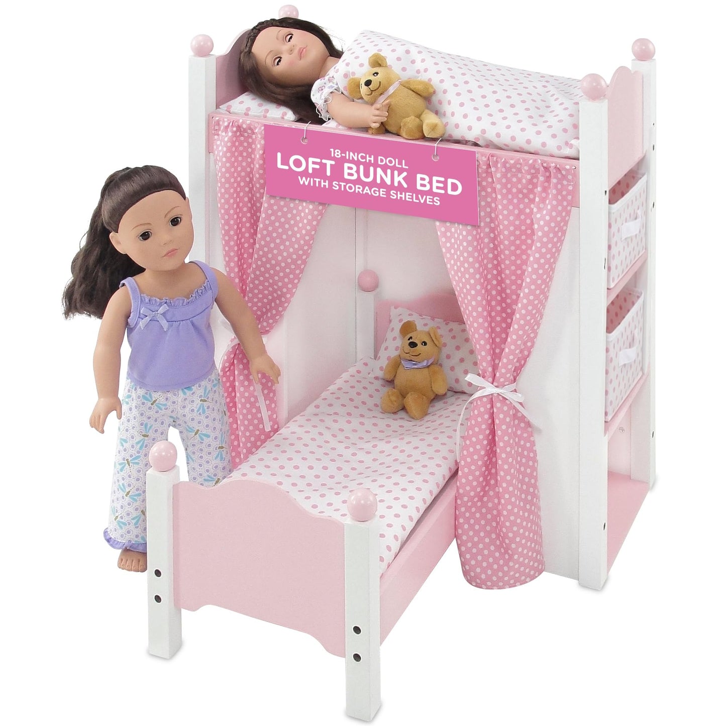 Emily Rose 18 Inch Doll Loft Bunk Bed Pink - Wooden Doll Bunkbed with Storage Shelves, Ladder, Removable Single Bed, 2 Polka Dot Bedding Sets & Curtains - Fits American Girl Dolls