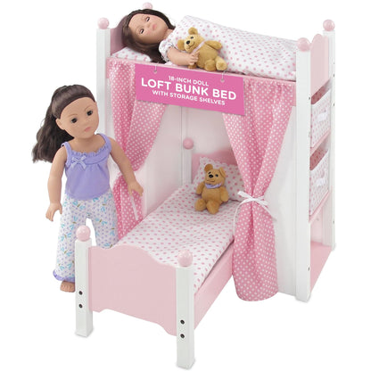 Emily Rose 18 Inch Doll Loft Bunk Bed Pink - Wooden Doll Bunkbed with Storage Shelves, Ladder, Removable Single Bed, 2 Polka Dot Bedding Sets & Curtains - Fits American Girl Dolls