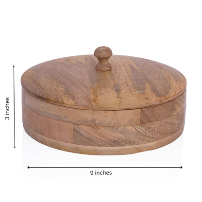 Handcrafted Wooden Mexican Tortilla Warmer Basket Indian Chapati Roti Bread Holder Box Pancake Keeper Serveware Hot Pot Casserole Dish With Lid Home Kitchen Dining Decor, Natural Brown, 9 x 3 Inches
