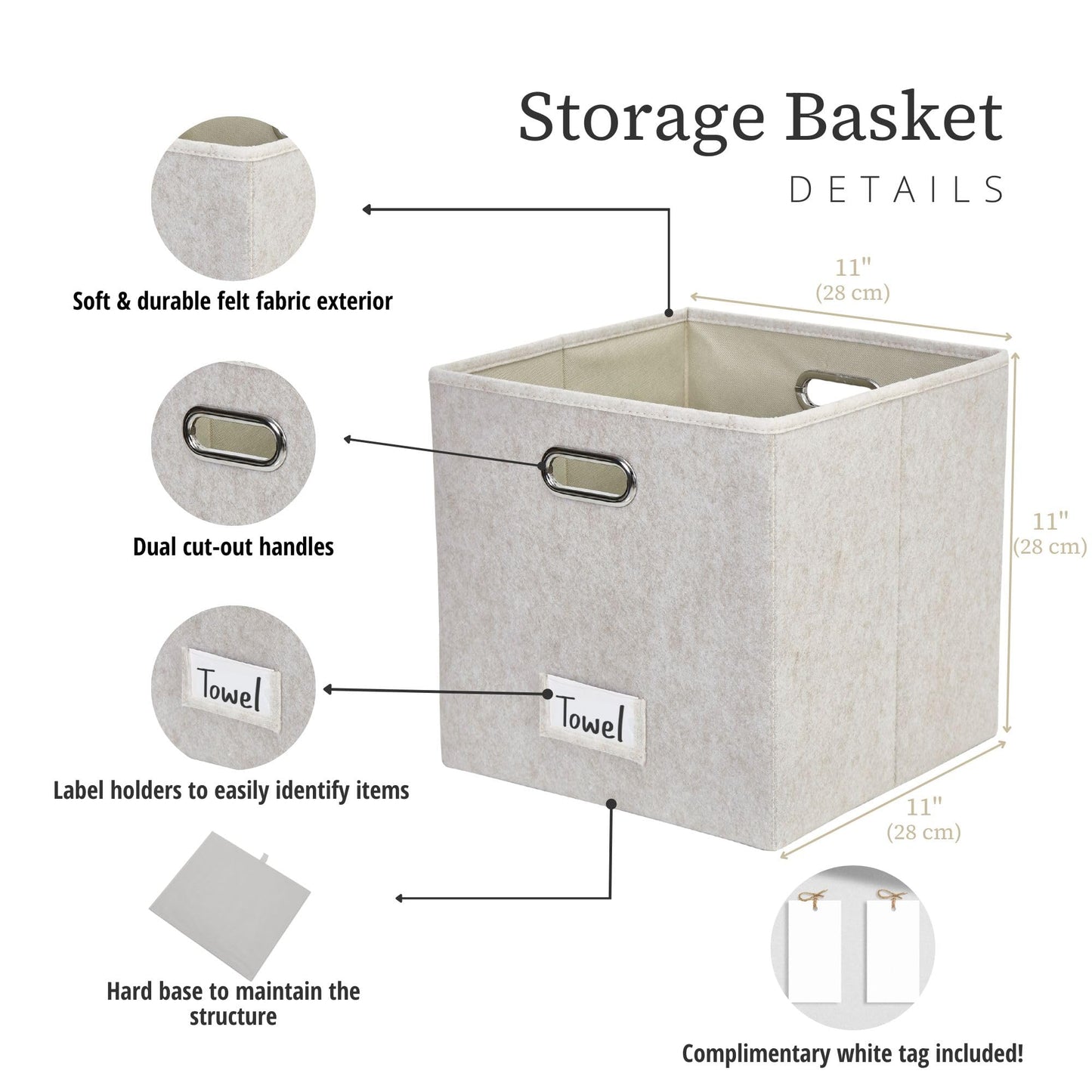 DECOMOMO Felt Storage Bins, 11 inch Cube Storage Bin with Labels for Shelves Kallax (Cube 11" / 6pcs, Beige)