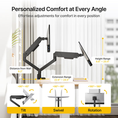 monTEK Dual Monitor Mount with USB Monitor Arms for 2 Monitors for 17 to 35 Inch Curved Screen Holds 35 Lbs Adjustable Heavy Duty Monitor Desk Mount Cable Management, VESA 75/100mm