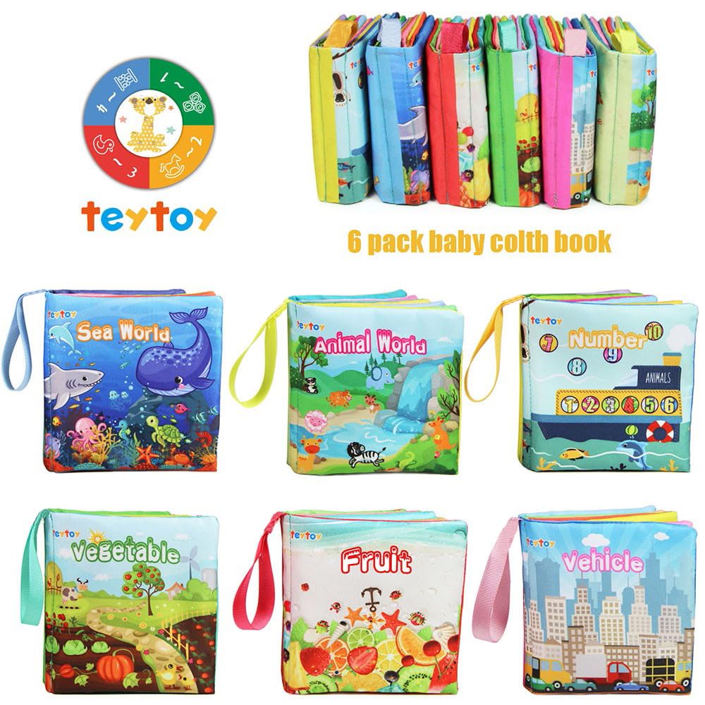 teytoy My First Soft Book,Nontoxic Fabric Baby Cloth Books Early Education Toys Activity Crinkle Cloth Book for Toddler, Infants and Kids Perfect for Baby Shower -Pack of 6