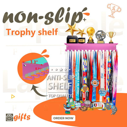 Lapetale Fashion Non-Slip Pink Trophy Shelf - 16 Inch Medal Hanger Display for Wall with Upgraded Shelves for Trophies, Gymnastics, Soccer, Swim
